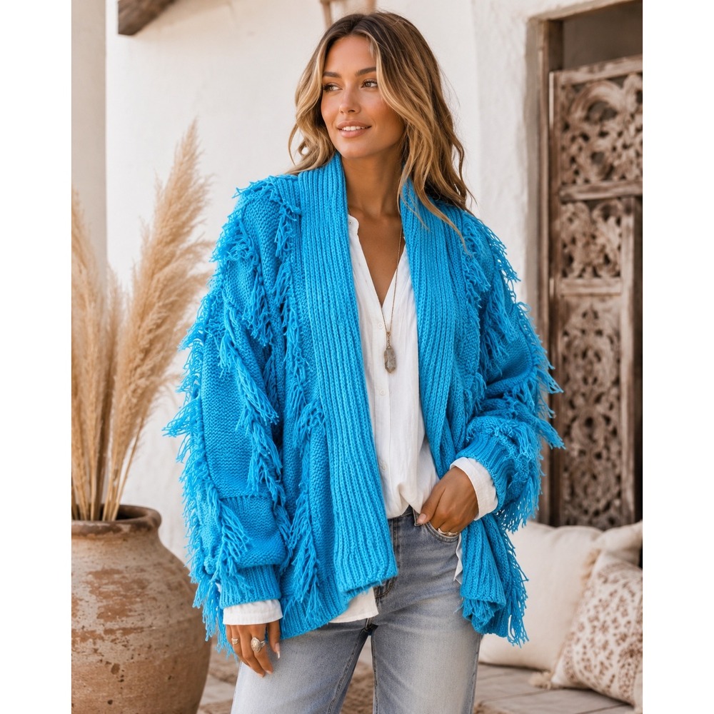 Vintage Western Connection Turquoise Fringe Cardigan Sweater‎ Womens M Boho